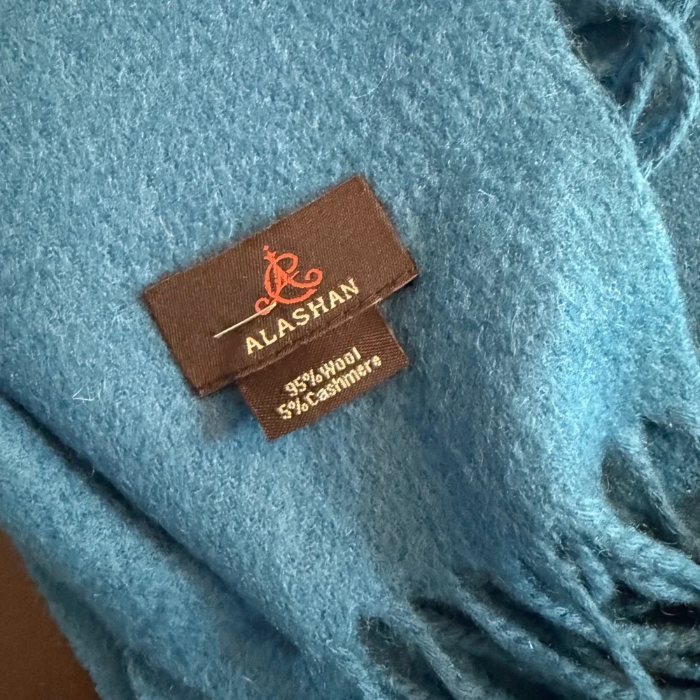 Vintage Alashan Blue‎ Wool Cashmere Fringe Scarf Solid Winter Accessory